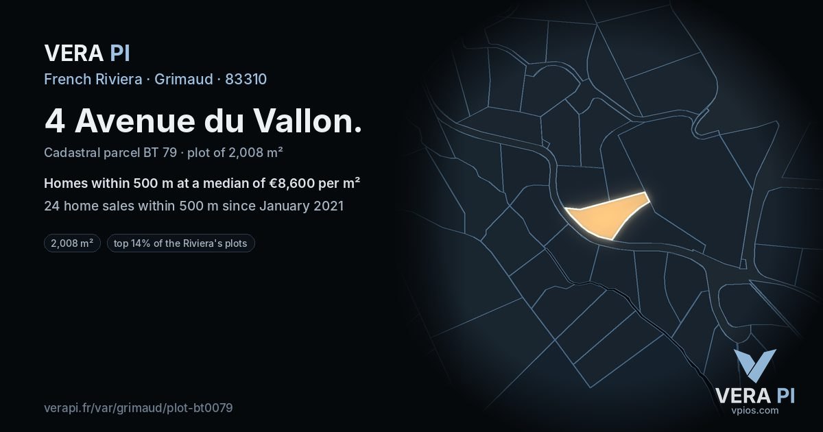 4 Avenue du Vallon, Grimaud at night – the plot lit, the parcels around coloured by the prices near them