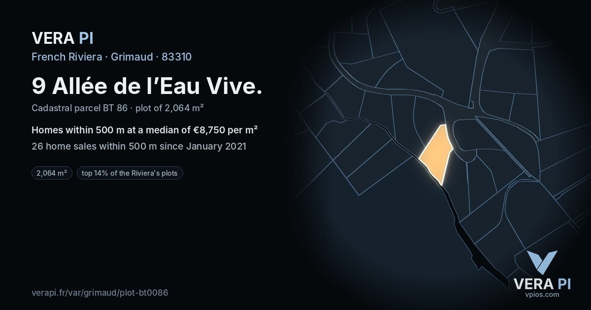 9 Allée de l’Eau Vive, Grimaud at night – the plot lit, the parcels around coloured by the prices near them