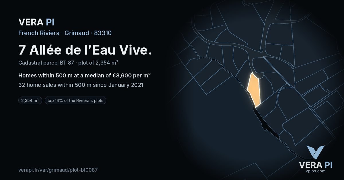 7 Allée de l’Eau Vive, Grimaud at night – the plot lit, the parcels around coloured by the prices near them