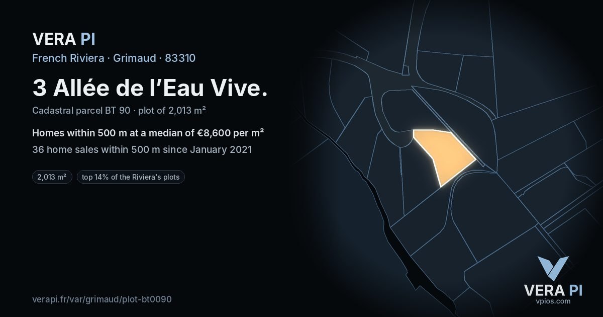 3 Allée de l’Eau Vive, Grimaud at night – the plot lit, the parcels around coloured by the prices near them