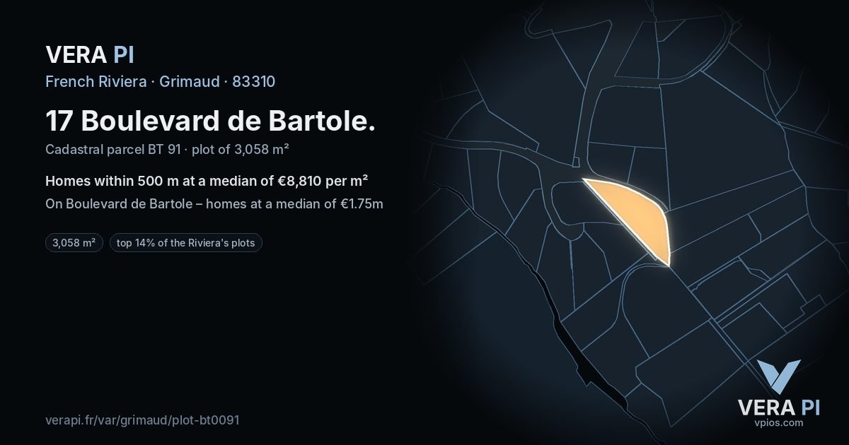 17 Boulevard de Bartole, Grimaud at night – the plot lit, the parcels around coloured by the prices near them