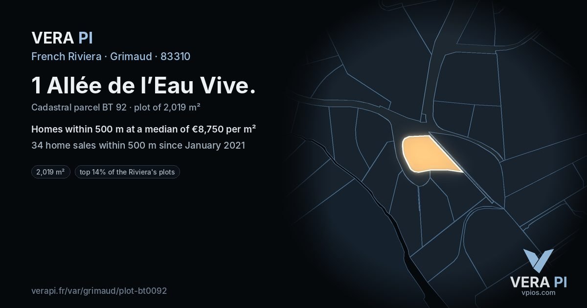 1 Allée de l’Eau Vive, Grimaud at night – the plot lit, the parcels around coloured by the prices near them