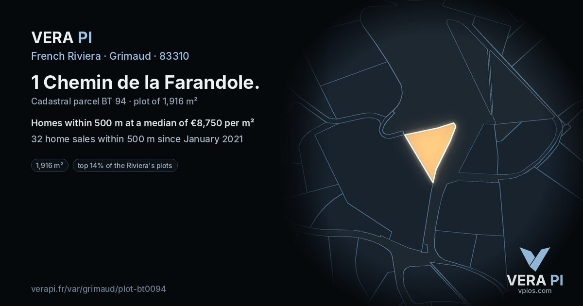 1 Chemin de la Farandole, Grimaud at night – the plot lit, the parcels around coloured by the prices near them