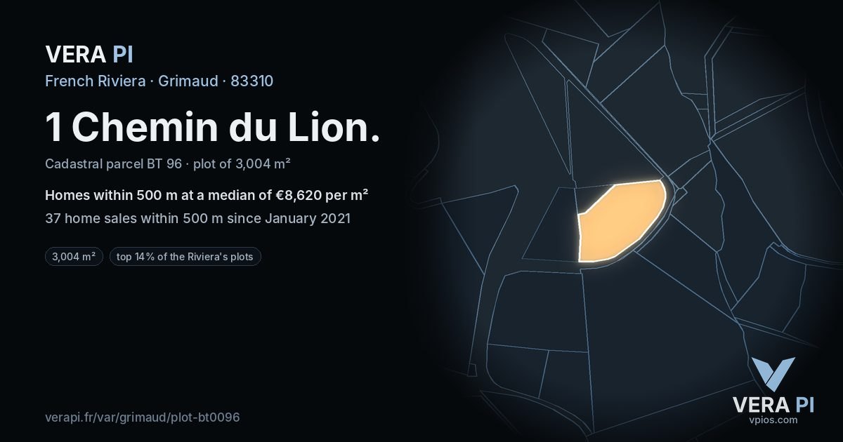 1 Chemin du Lion, Grimaud at night – the plot lit, the parcels around coloured by the prices near them