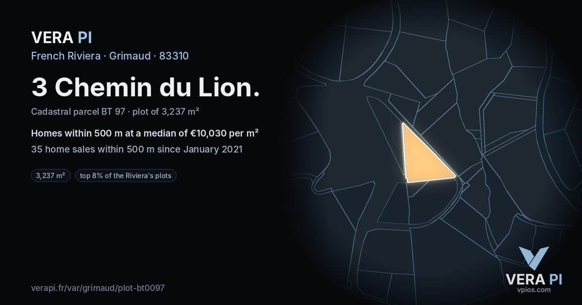 3 Chemin du Lion, Grimaud at night – the plot lit, the parcels around coloured by the prices near them