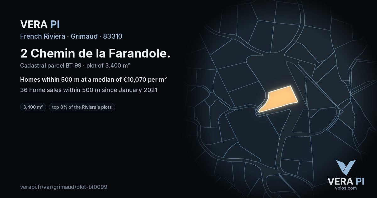2 Chemin de la Farandole, Grimaud at night – the plot lit, the parcels around coloured by the prices near them