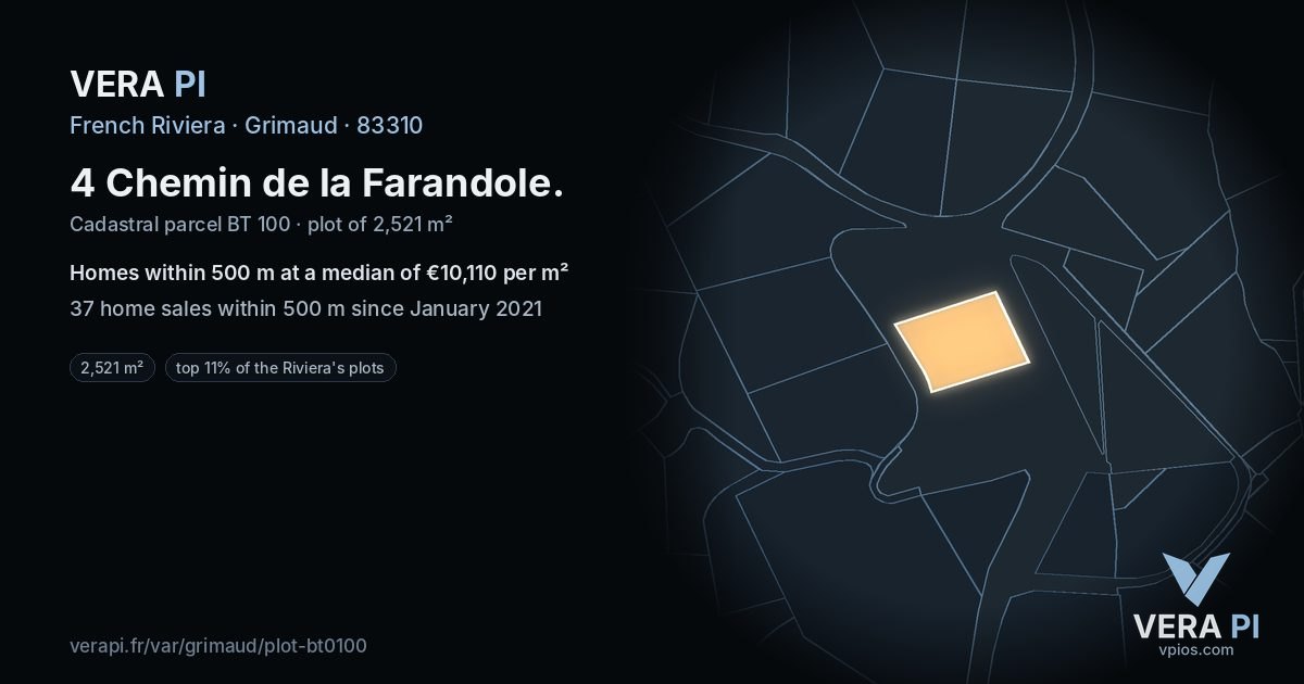 4 Chemin de la Farandole, Grimaud at night – the plot lit, the parcels around coloured by the prices near them