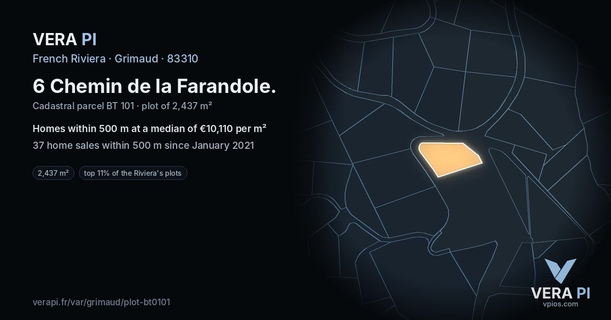 6 Chemin de la Farandole, Grimaud at night – the plot lit, the parcels around coloured by the prices near them