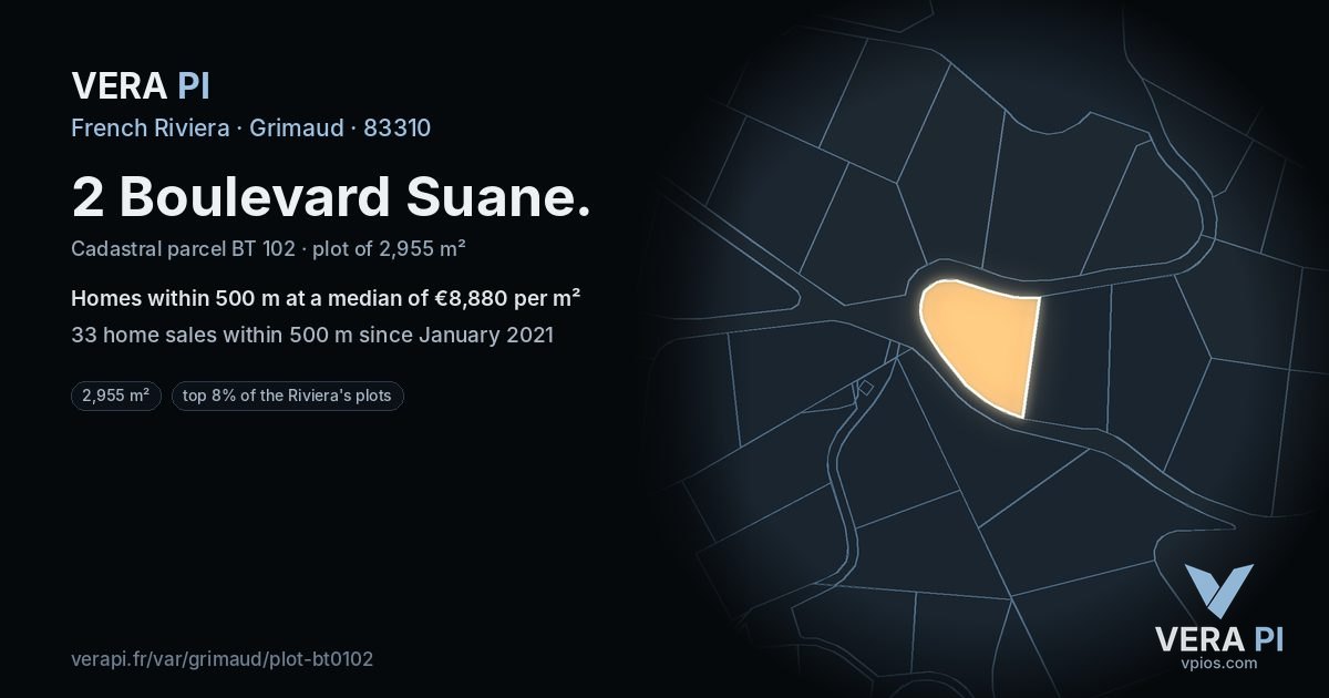 2 Boulevard Suane, Grimaud at night – the plot lit, the parcels around coloured by the prices near them