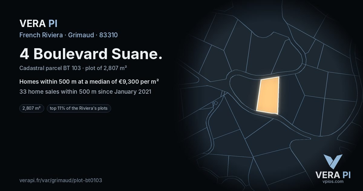 4 Boulevard Suane, Grimaud at night – the plot lit, the parcels around coloured by the prices near them