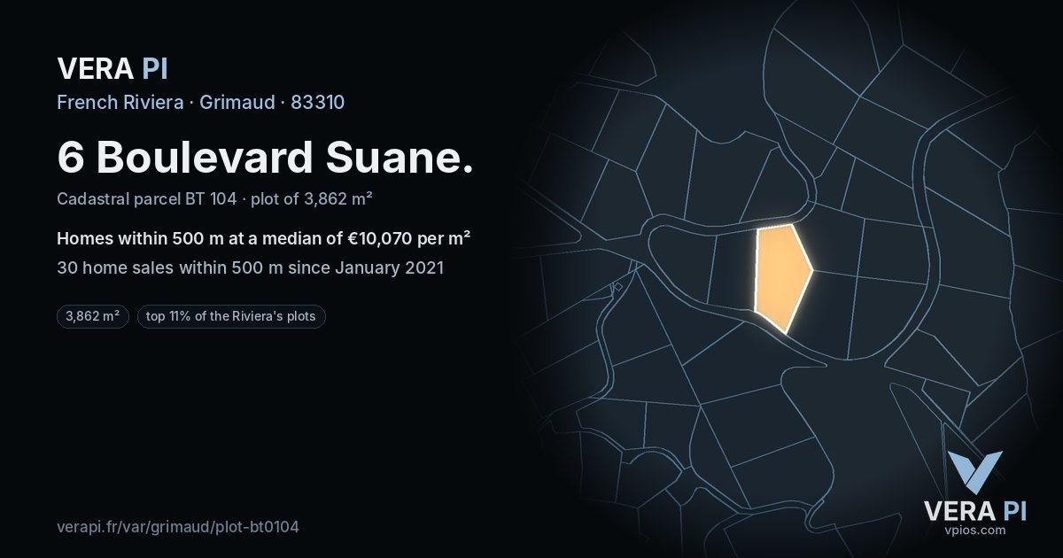 6 Boulevard Suane, Grimaud at night – the plot lit, the parcels around coloured by the prices near them