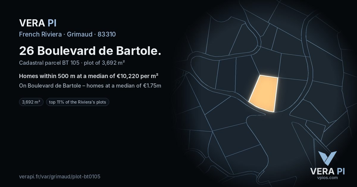 26 Boulevard de Bartole, Grimaud at night – the plot lit, the parcels around coloured by the prices near them