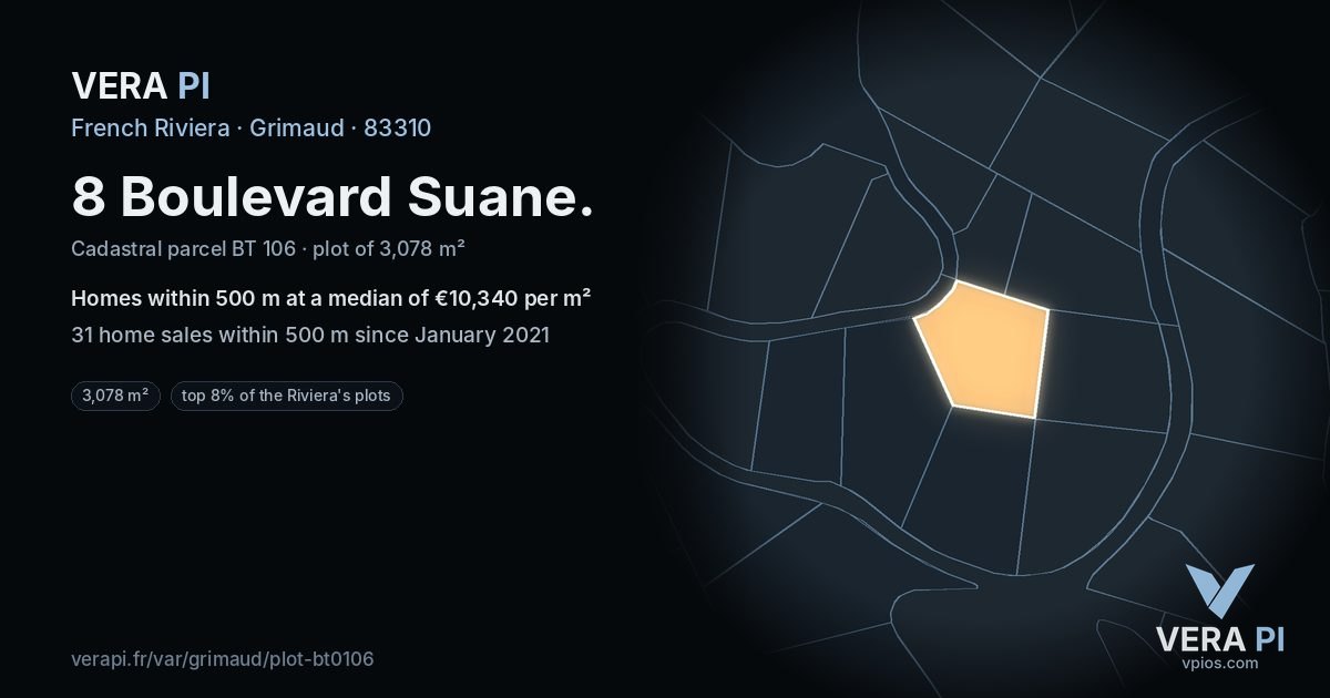 8 Boulevard Suane, Grimaud at night – the plot lit, the parcels around coloured by the prices near them