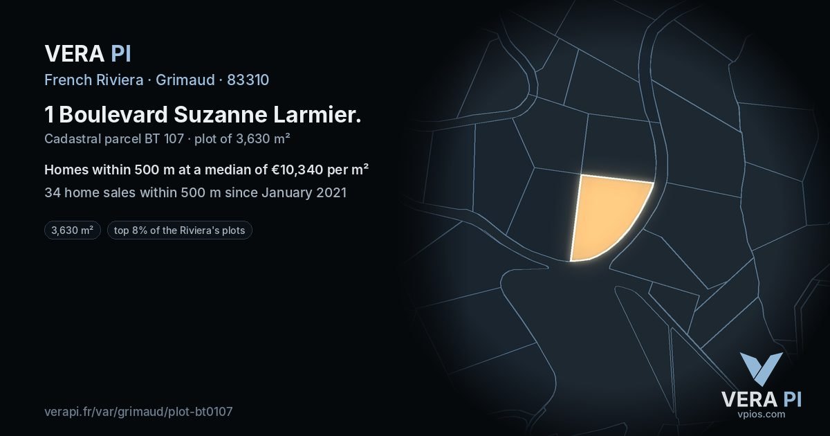 1 Boulevard Suzanne Larmier, Grimaud at night – the plot lit, the parcels around coloured by the prices near them