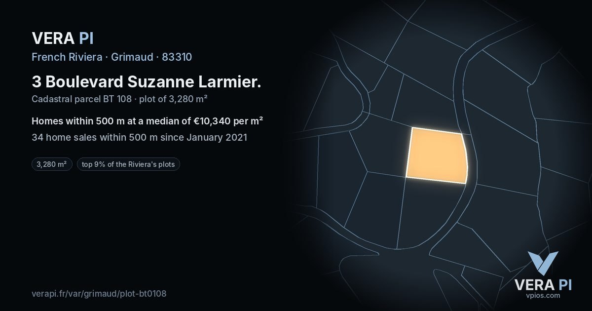 3 Boulevard Suzanne Larmier, Grimaud at night – the plot lit, the parcels around coloured by the prices near them