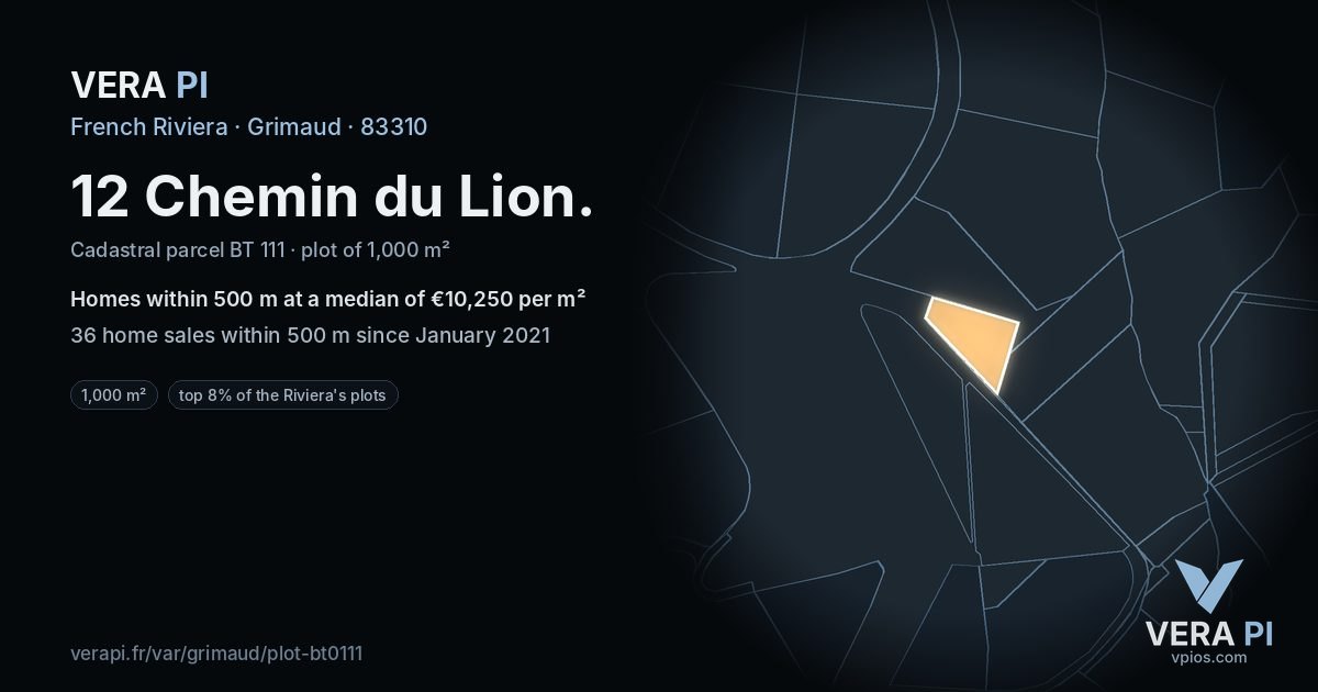12 Chemin du Lion, Grimaud at night – the plot lit, the parcels around coloured by the prices near them