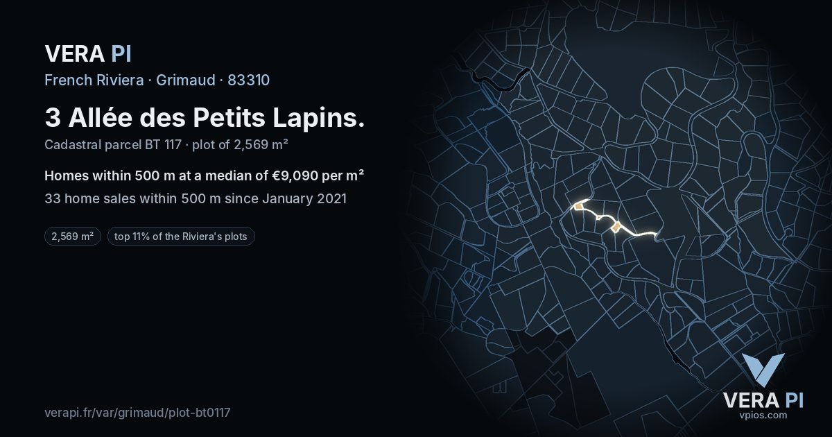 3 Allée des Petits Lapins, Grimaud at night – the plot lit, the parcels around coloured by the prices near them