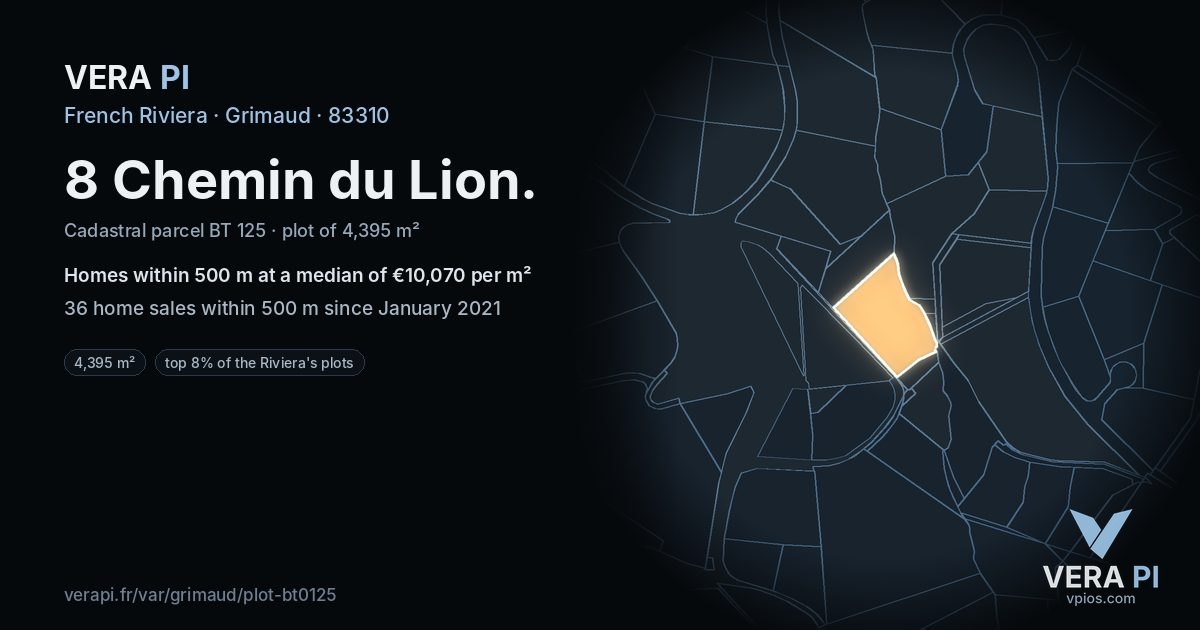 8 Chemin du Lion, Grimaud at night – the plot lit, the parcels around coloured by the prices near them