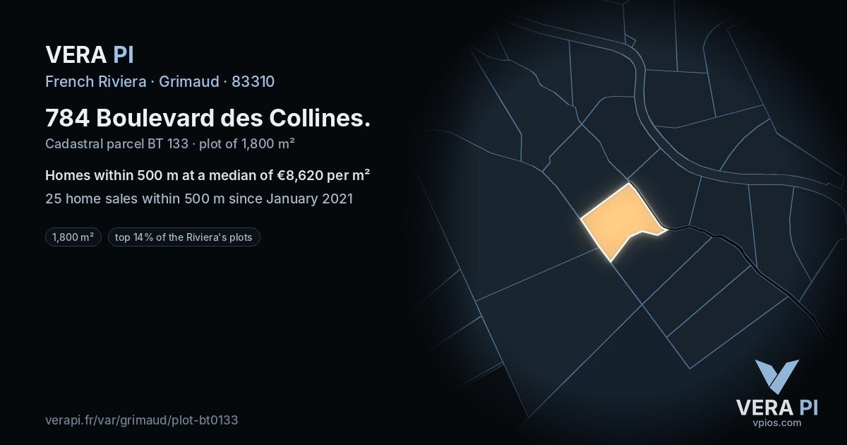 784 Boulevard des Collines, Grimaud at night – the plot lit, the parcels around coloured by the prices near them
