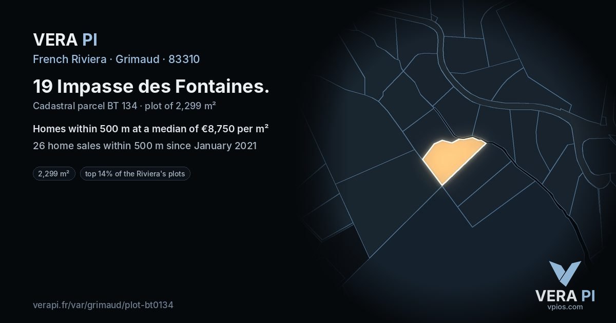 19 Impasse des Fontaines, Grimaud at night – the plot lit, the parcels around coloured by the prices near them