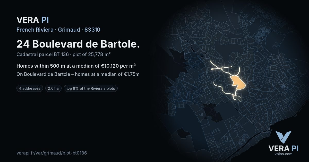 24 Boulevard de Bartole, Grimaud at night – the plot lit, the parcels around coloured by the prices near them