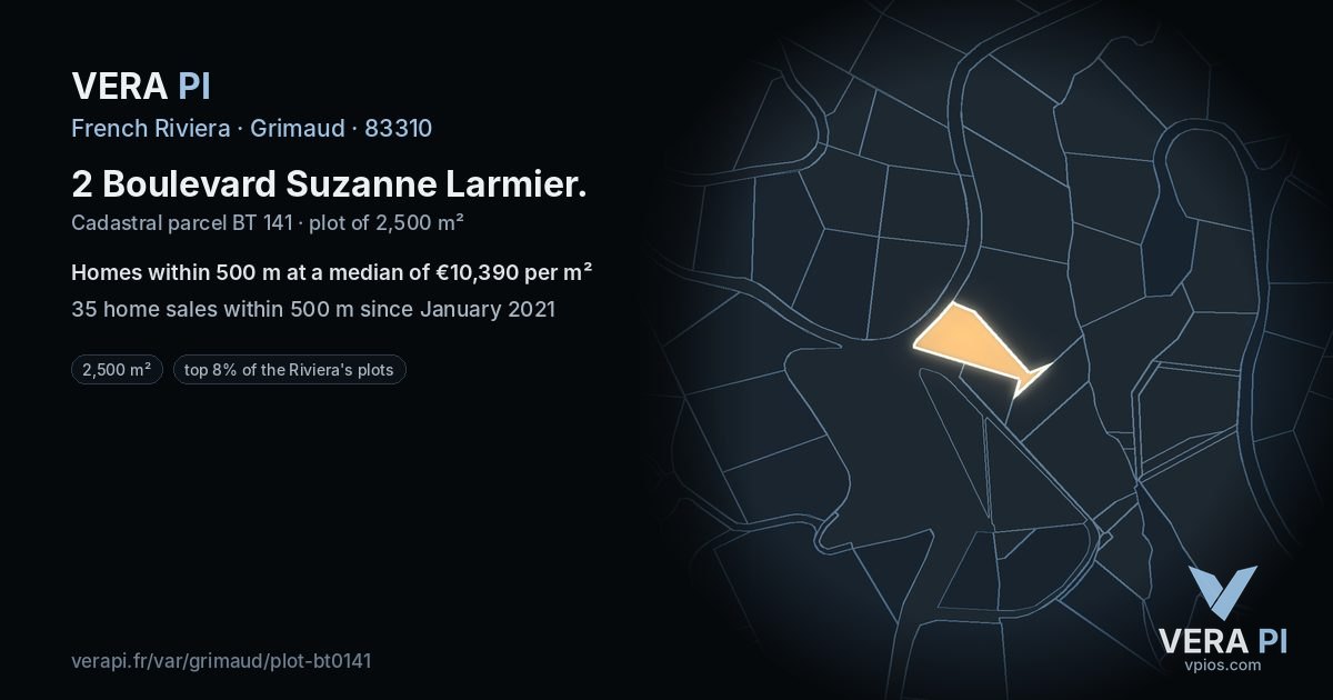 2 Boulevard Suzanne Larmier, Grimaud at night – the plot lit, the parcels around coloured by the prices near them
