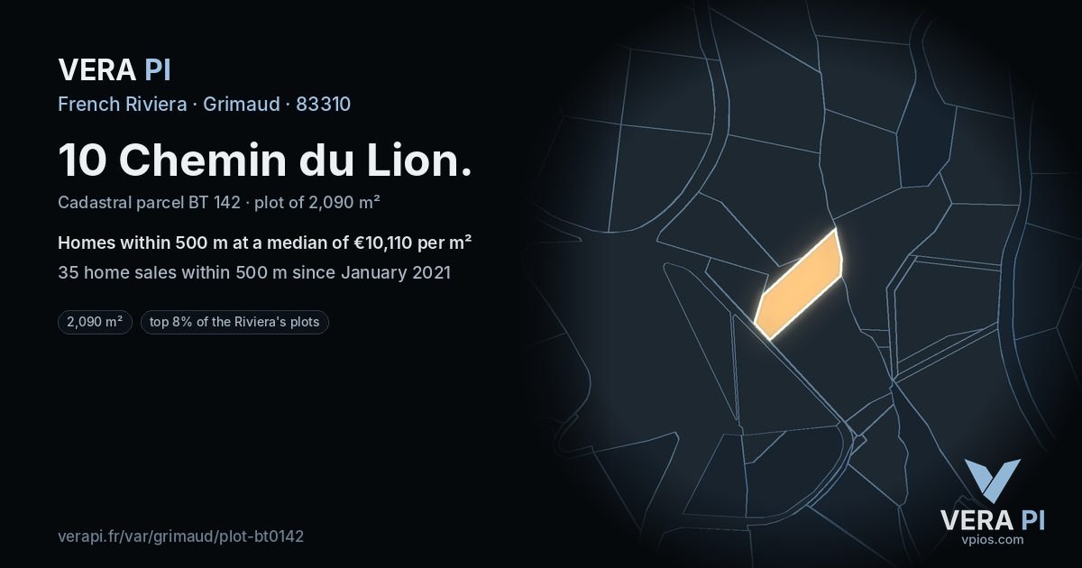 10 Chemin du Lion, Grimaud at night – the plot lit, the parcels around coloured by the prices near them