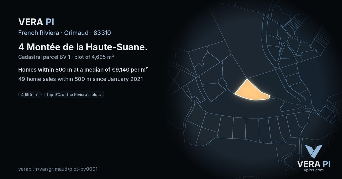 4 Montée de la Haute-Suane, Grimaud at night – the plot lit, the parcels around coloured by the prices near them