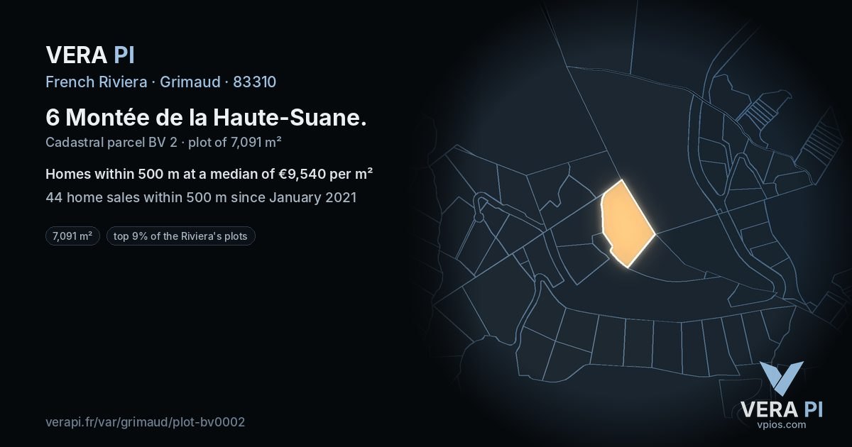 6 Montée de la Haute-Suane, Grimaud at night – the plot lit, the parcels around coloured by the prices near them