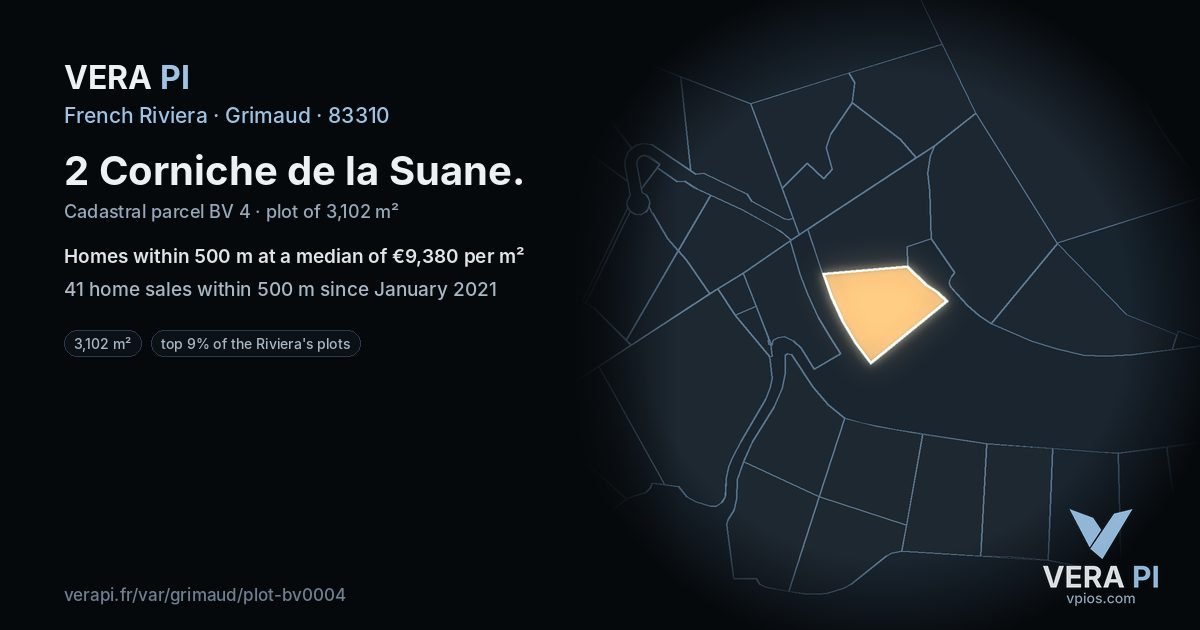 2 Corniche de la Suane, Grimaud at night – the plot lit, the parcels around coloured by the prices near them