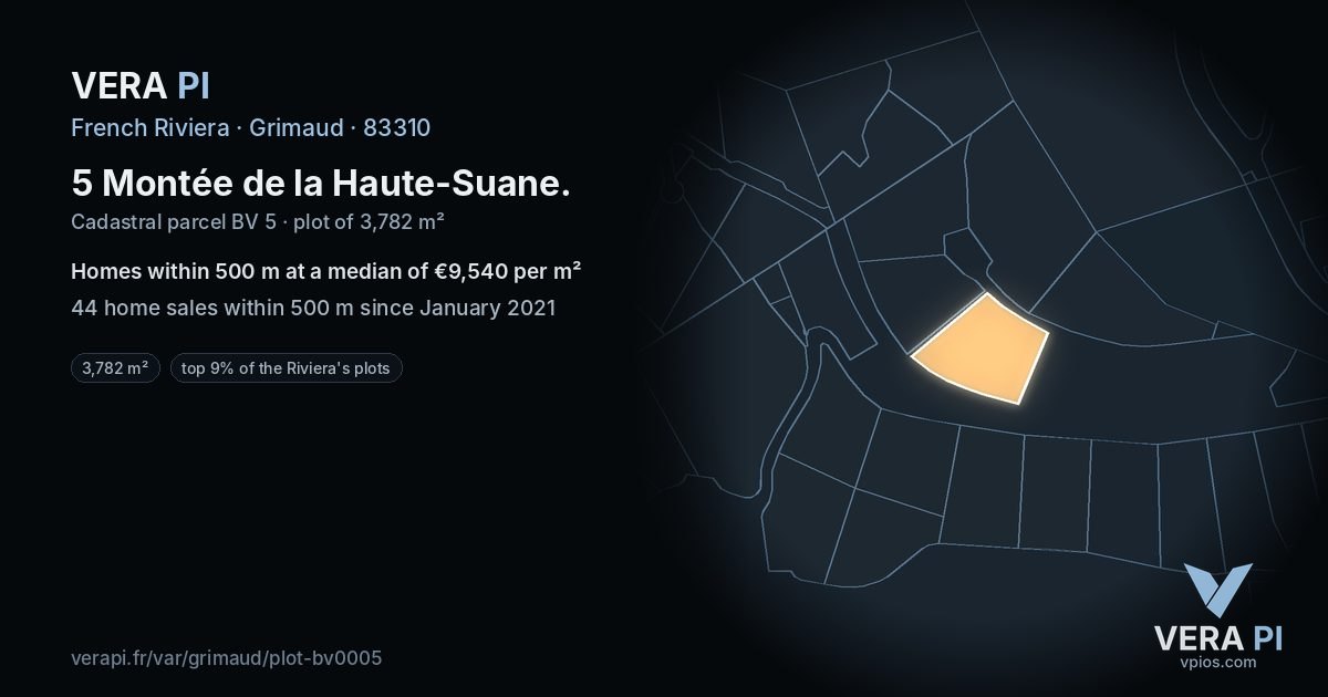 5 Montée de la Haute-Suane, Grimaud at night – the plot lit, the parcels around coloured by the prices near them
