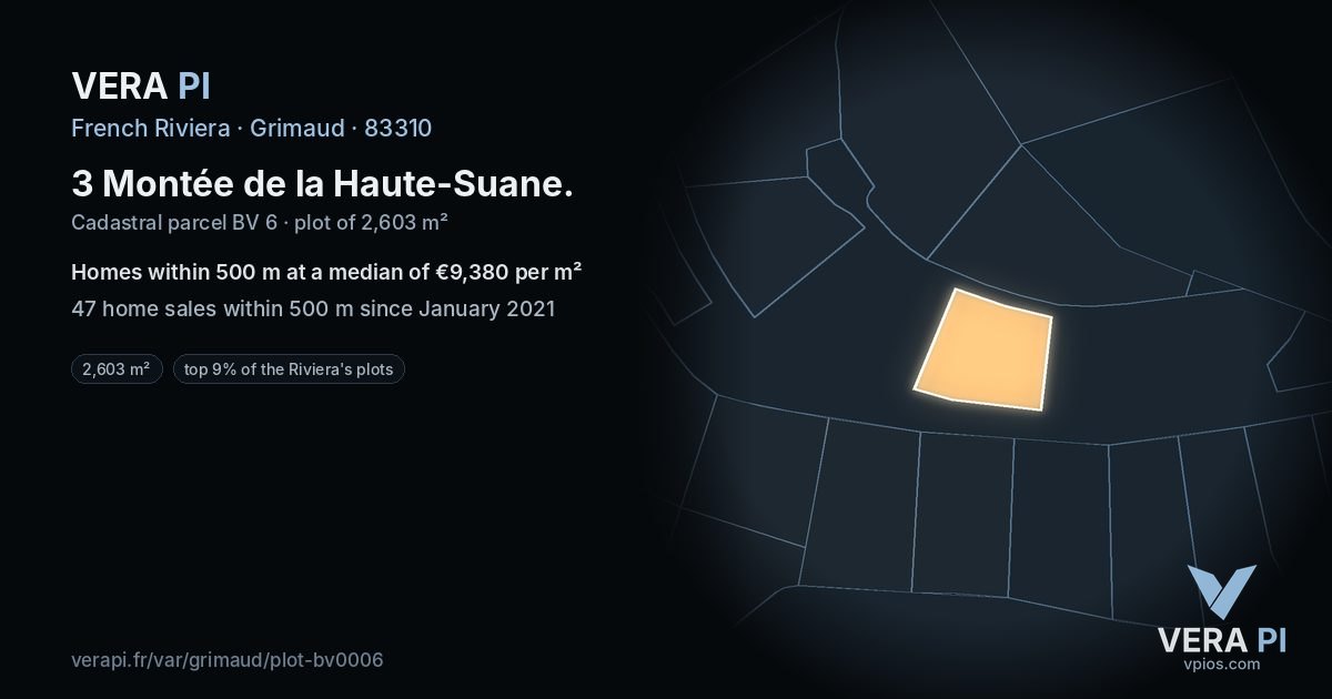 3 Montée de la Haute-Suane, Grimaud at night – the plot lit, the parcels around coloured by the prices near them