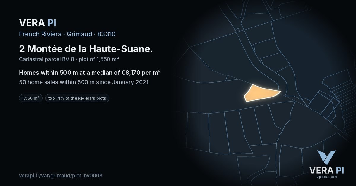 2 Montée de la Haute-Suane, Grimaud at night – the plot lit, the parcels around coloured by the prices near them
