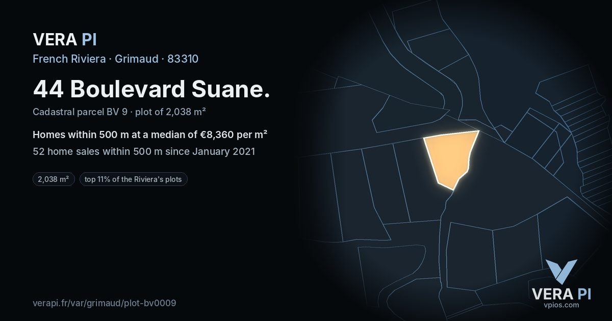 44 Boulevard Suane, Grimaud at night – the plot lit, the parcels around coloured by the prices near them