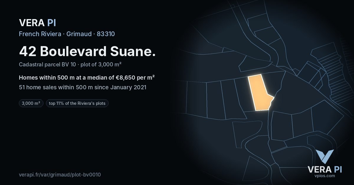 42 Boulevard Suane, Grimaud at night – the plot lit, the parcels around coloured by the prices near them