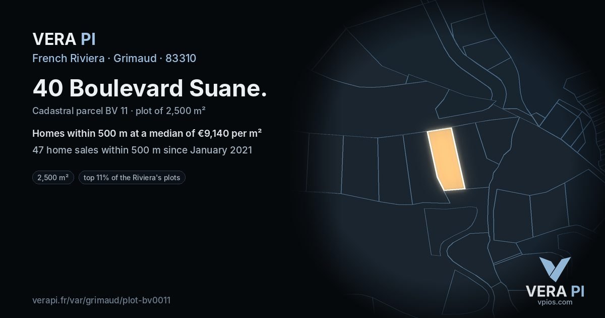 40 Boulevard Suane, Grimaud at night – the plot lit, the parcels around coloured by the prices near them