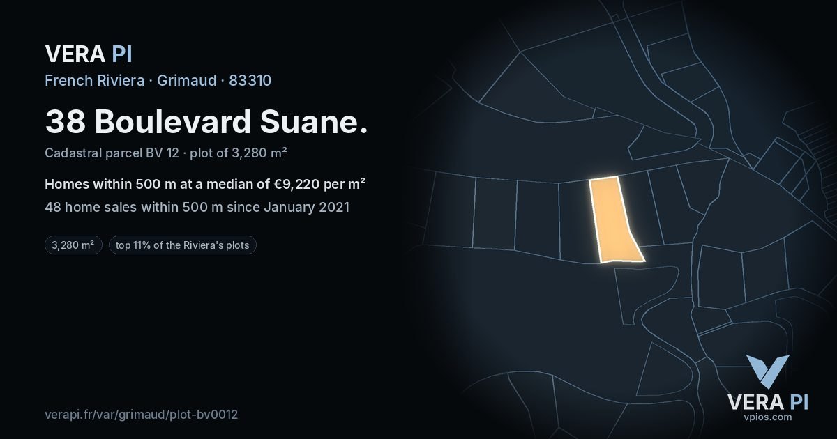38 Boulevard Suane, Grimaud at night – the plot lit, the parcels around coloured by the prices near them