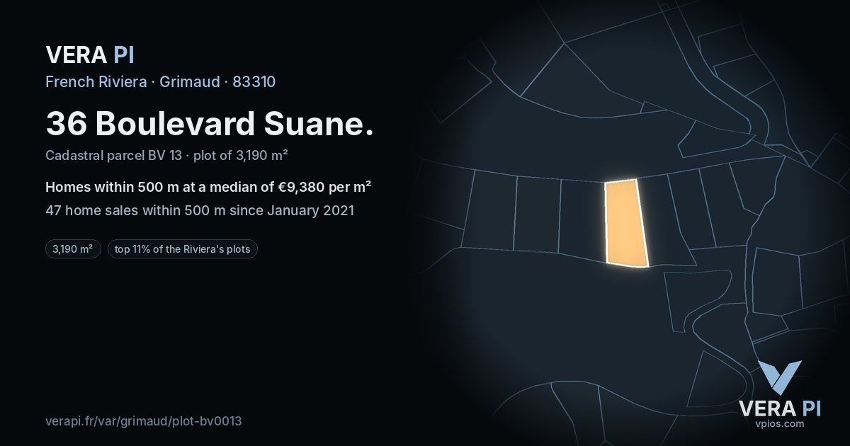 36 Boulevard Suane, Grimaud at night – the plot lit, the parcels around coloured by the prices near them