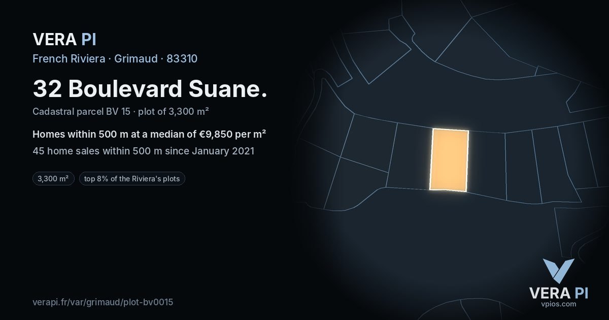 32 Boulevard Suane, Grimaud at night – the plot lit, the parcels around coloured by the prices near them