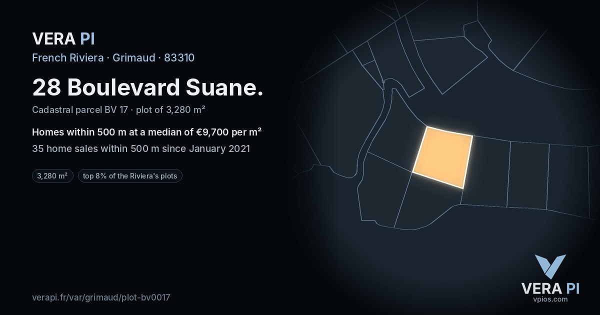 28 Boulevard Suane, Grimaud at night – the plot lit, the parcels around coloured by the prices near them