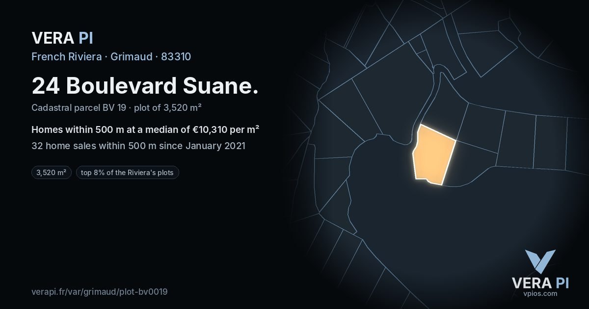 24 Boulevard Suane, Grimaud at night – the plot lit, the parcels around coloured by the prices near them