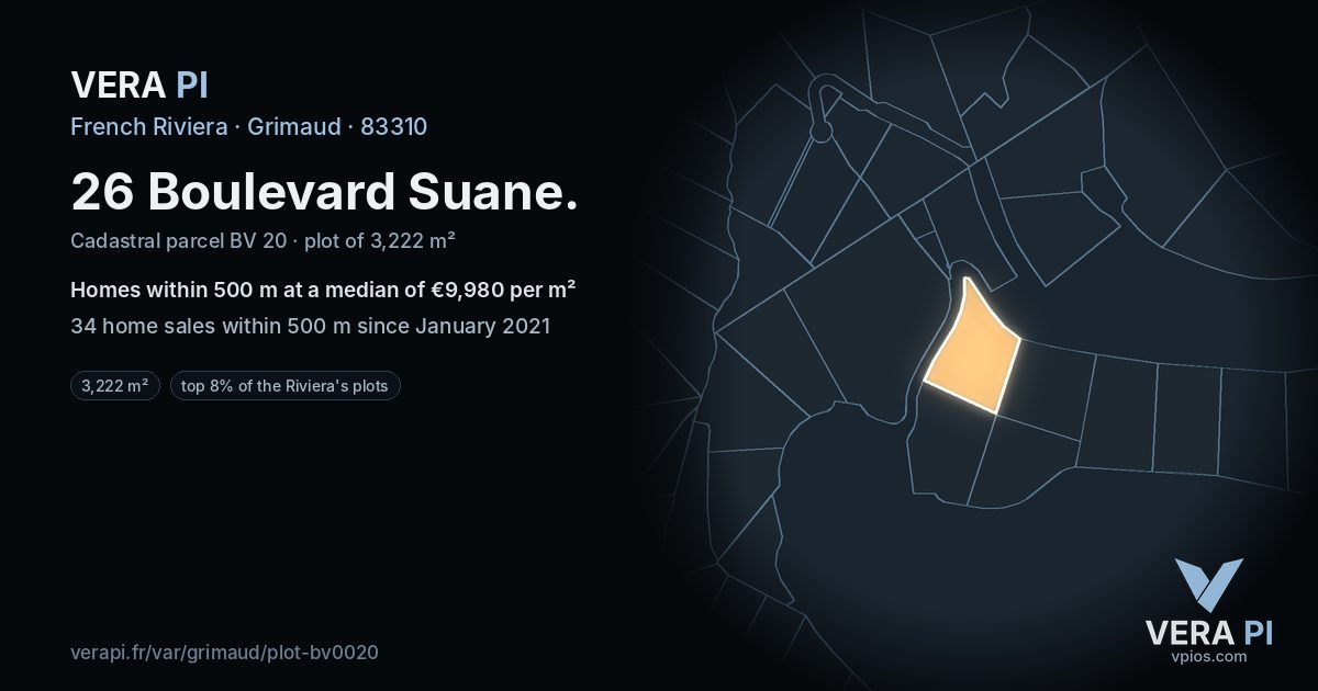 26 Boulevard Suane, Grimaud at night – the plot lit, the parcels around coloured by the prices near them