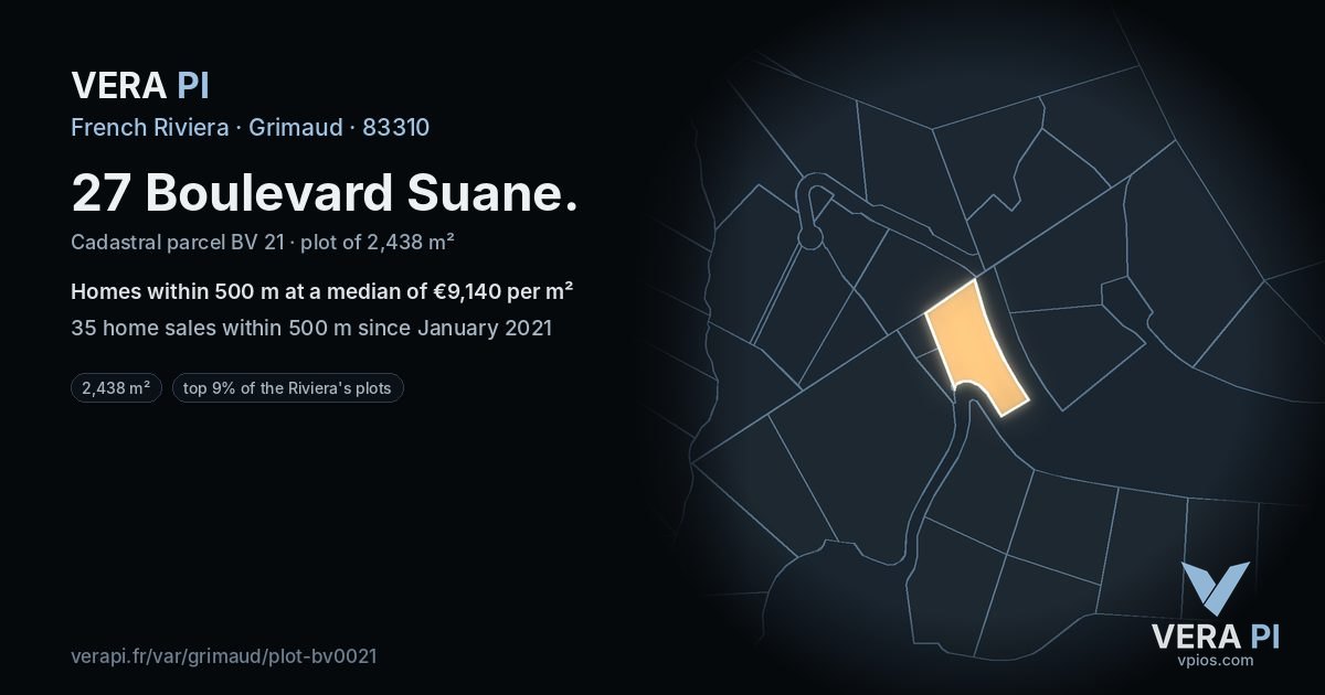 27 Boulevard Suane, Grimaud at night – the plot lit, the parcels around coloured by the prices near them
