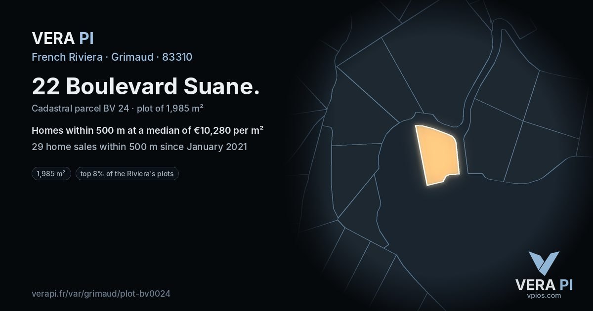 22 Boulevard Suane, Grimaud at night – the plot lit, the parcels around coloured by the prices near them