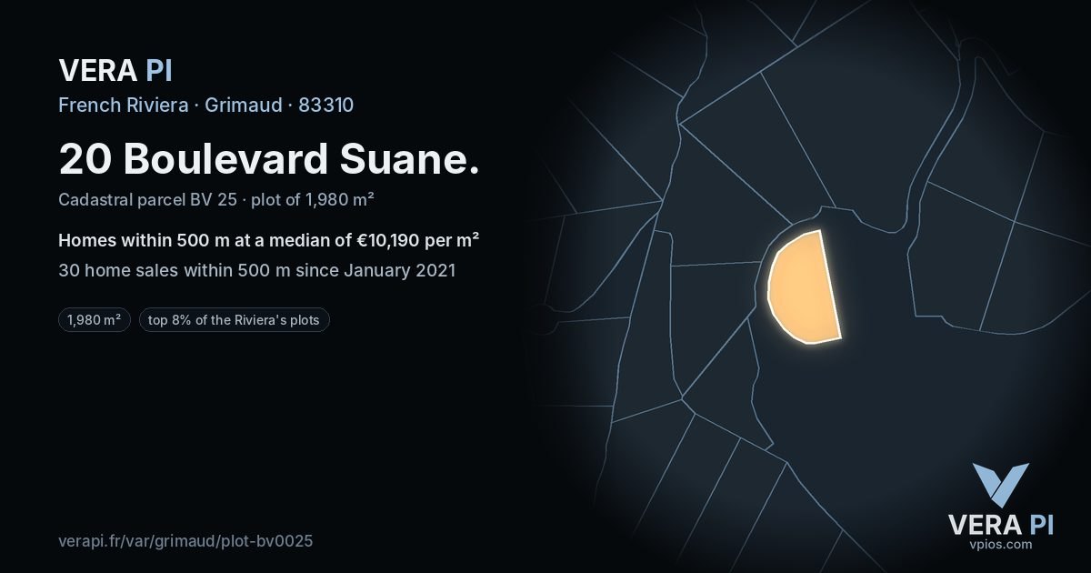20 Boulevard Suane, Grimaud at night – the plot lit, the parcels around coloured by the prices near them