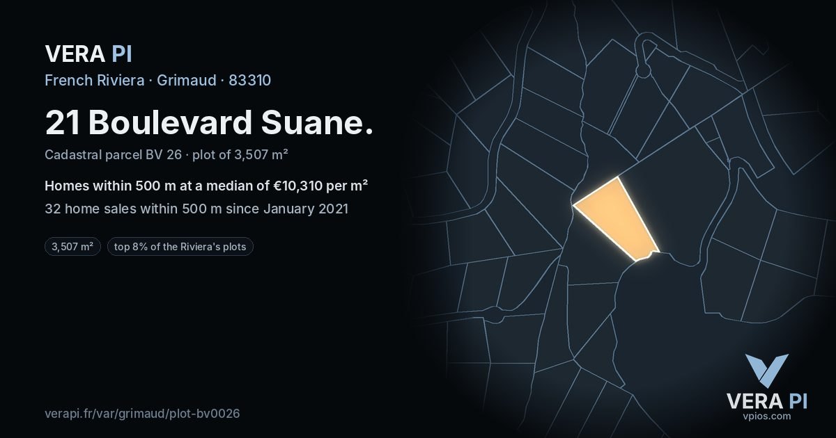 21 Boulevard Suane, Grimaud at night – the plot lit, the parcels around coloured by the prices near them