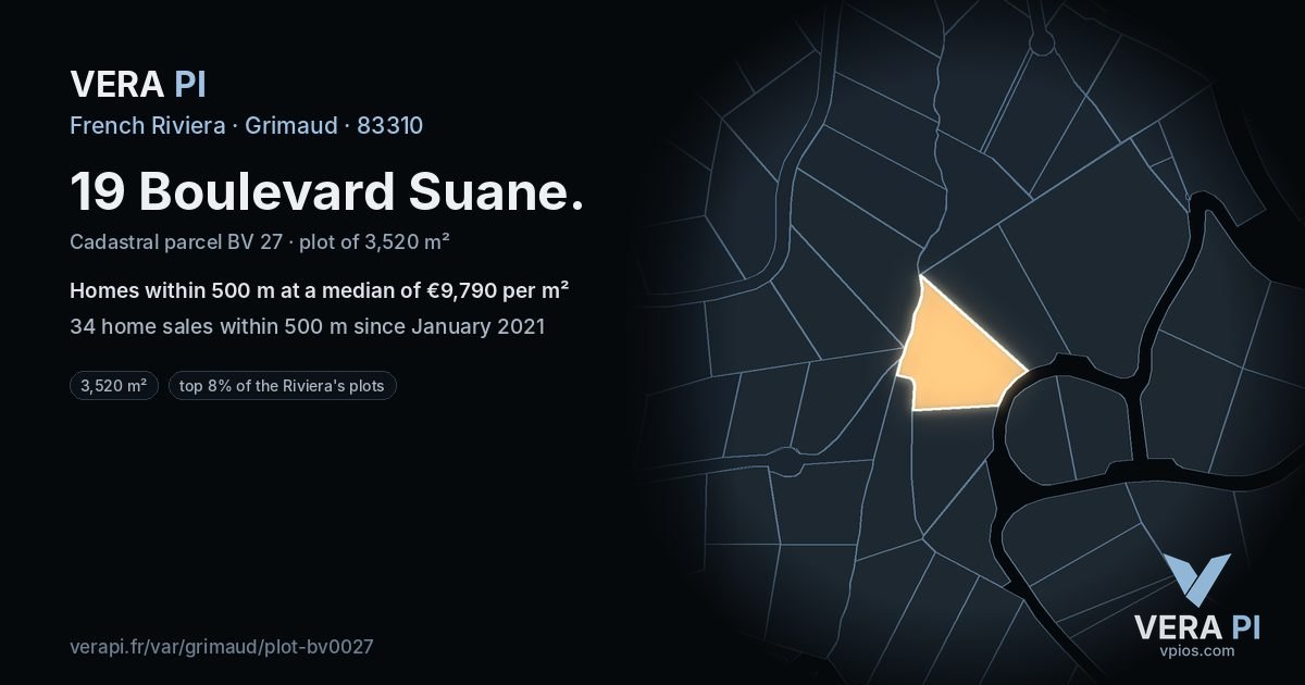 19 Boulevard Suane, Grimaud at night – the plot lit, the parcels around coloured by the prices near them