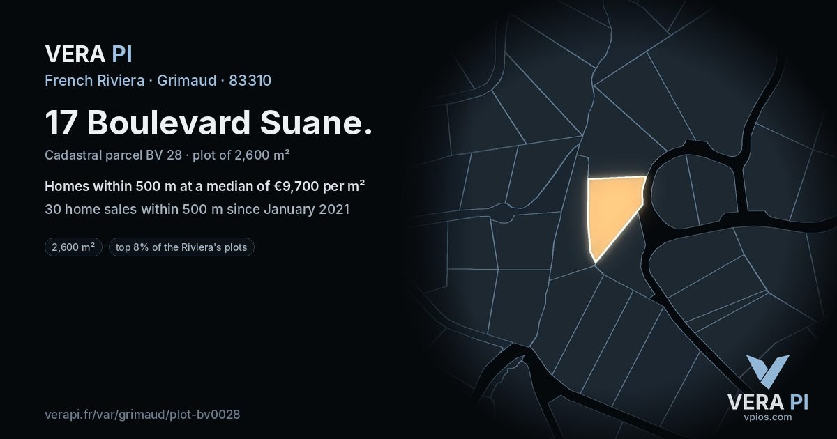 17 Boulevard Suane, Grimaud at night – the plot lit, the parcels around coloured by the prices near them