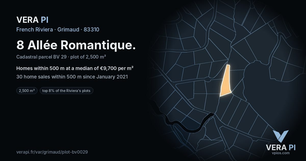 8 Allée Romantique, Grimaud at night – the plot lit, the parcels around coloured by the prices near them
