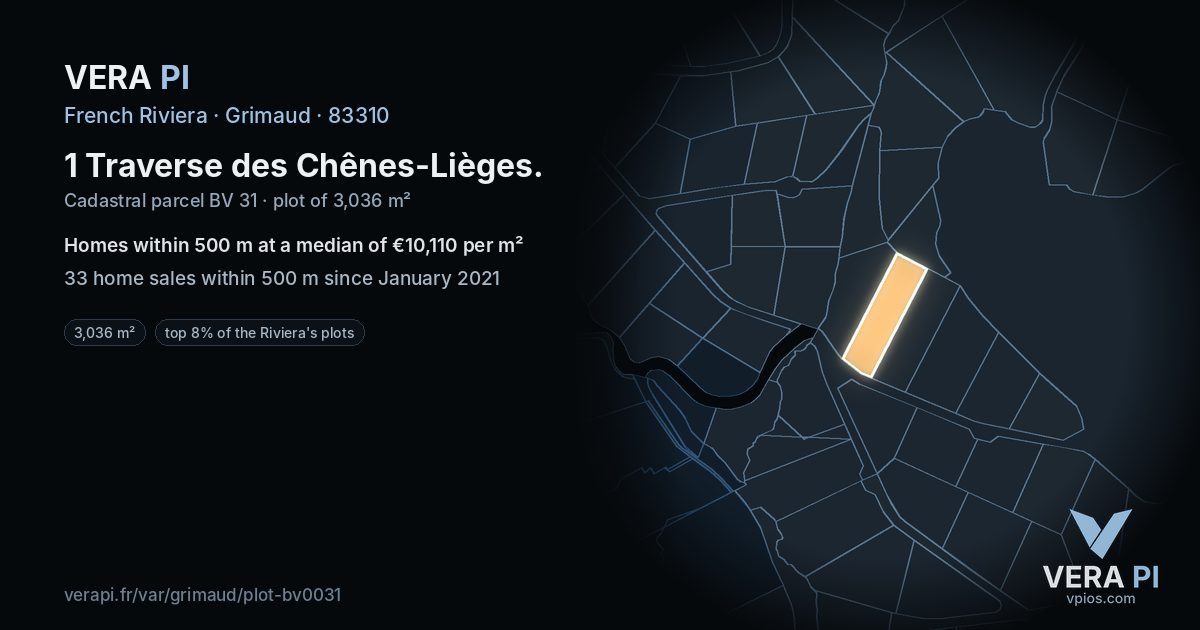 1 Traverse des Chênes-Lièges, Grimaud at night – the plot lit, the parcels around coloured by the prices near them